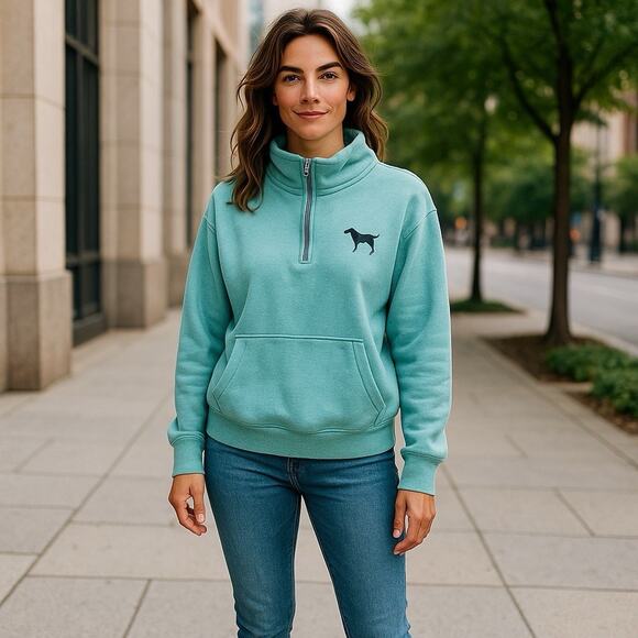 Victoria Secret PINK Lg Aqua Embroidered‎ Quarter Zip Sweatshirt Pullover - Picture 1 of 6